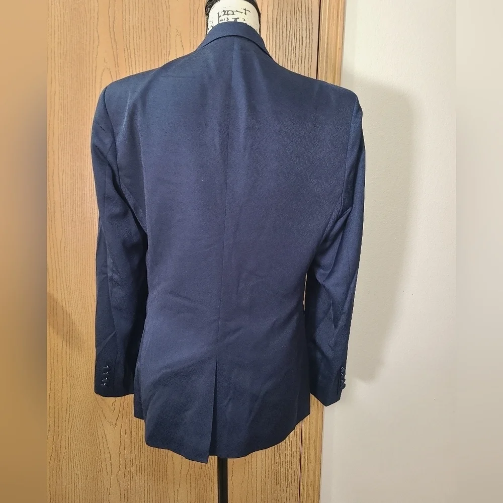 NWT Navy Blue Printed Textured Satin Lapel Tuxedo Jacket Blazer Suit Coat - Picture 3 of 3